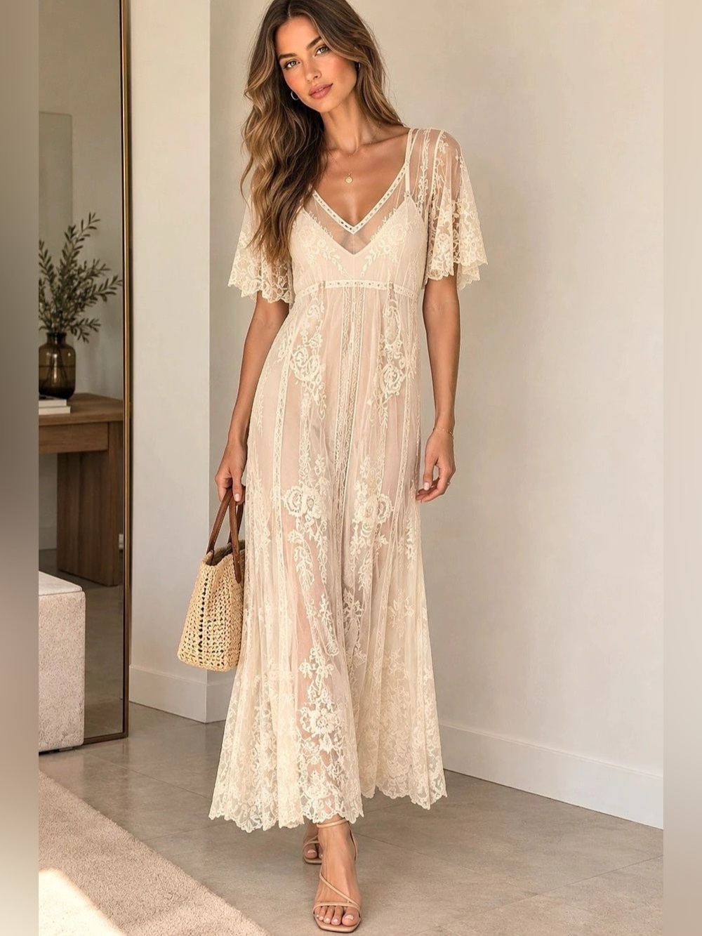 Zara Trafaluc Ivory Embroidered Lace Maxi Dress Sheer Flutter Sleeve Size S